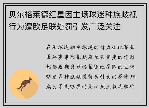 贝尔格莱德红星因主场球迷种族歧视行为遭欧足联处罚引发广泛关注